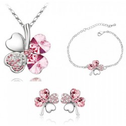 Platinum plated lovely pink CZ diamonds four leaf pendant with earrings and bracelet